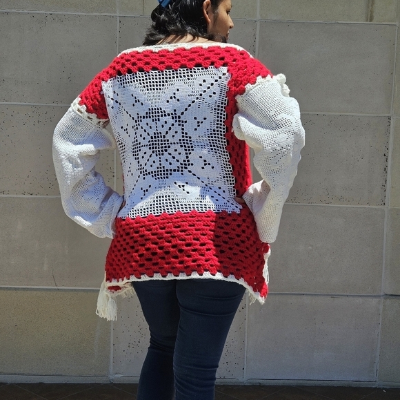 Hand Crafted Fringe White & Red Crochet Granny Square Multicolored Top Handmade - Picture 7 of 17